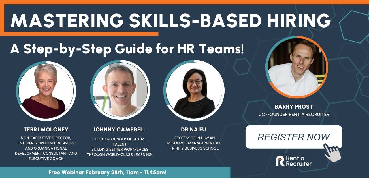 Mastering Skills-Based Hiring. A dark banner with profile images of three speakers with a white register now button to sign up to the webinar.