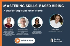 Mastering Skills-Based Hiring. A dark banner with profile images of three speakers with a white register now button to sign up to the webinar.